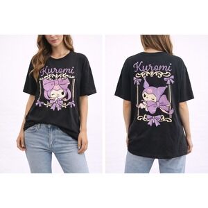 Sanrio Kuromi Graphic T-Shirt Medium Black Purple Short Sleeve Crew Neck Tee